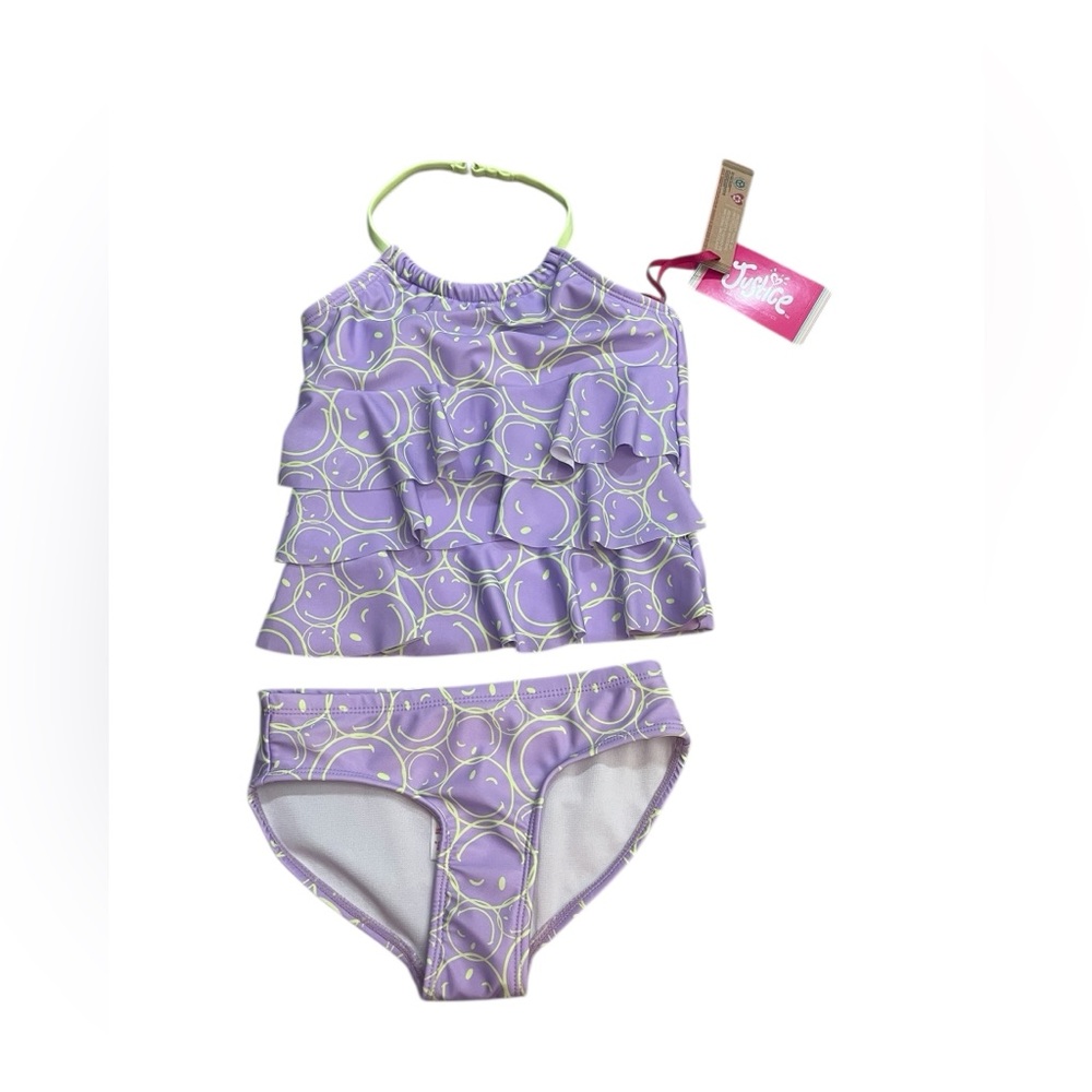 Justice Light Purple Smiley Face 2 Piece Tankini Swimsuit Girls Size XS(5-6)